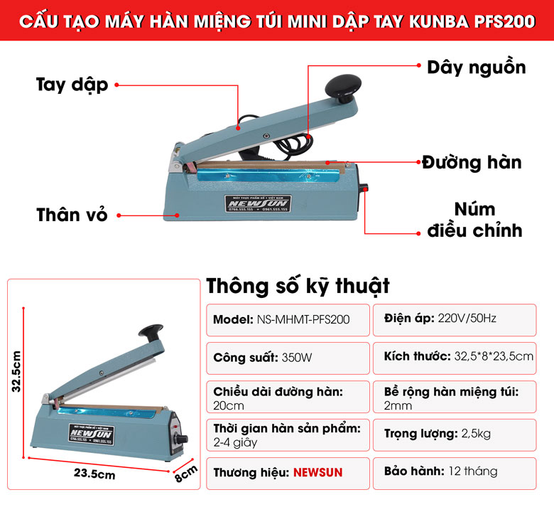 Máy Hàn Miệng Túi Mini Dập Tay Kunba PFS200 10 Cấu tạo máy hàn miệng túi mini dập tay Kunba PFS200