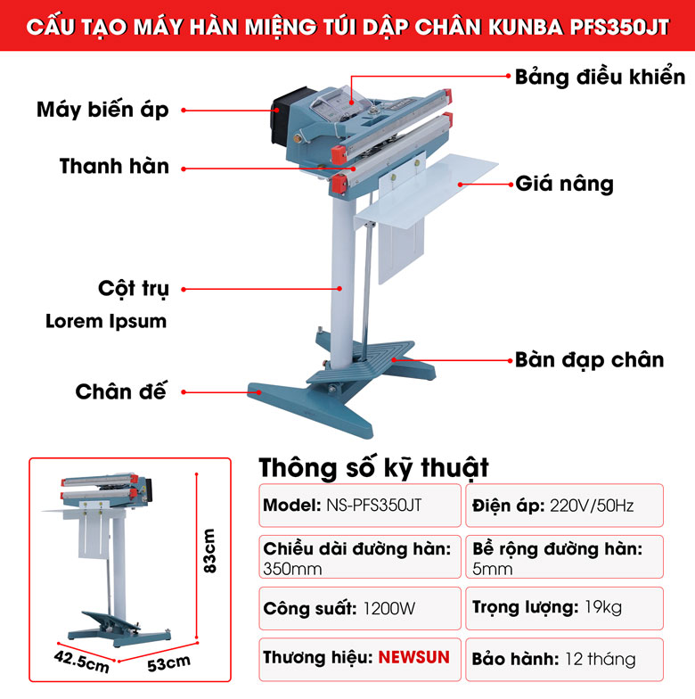 Cấu tạo chi tiết của máy hàn miệng túi dập chân Kunba PFS350JT