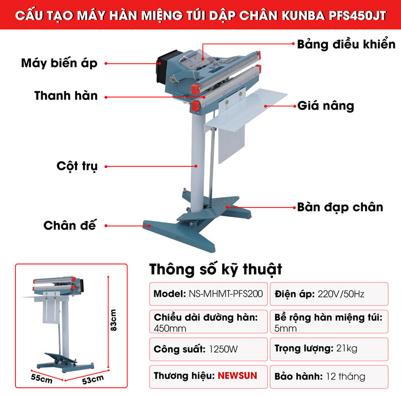 Máy Hàn Miệng Túi Dập Chân Kunba PFS450JT 13 Cấu tạo chi tiết máy hàn miệng túi dập chân Kunba PFS450JT