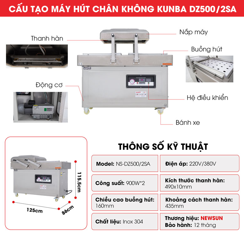 Máy hút chân không Kunba DZ500/2SA (2 buồng) 7 Cấu tạo Máy hút chân không Kunba DZ500/2SA (2 buồng)