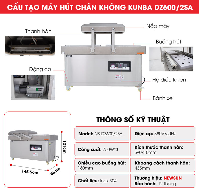Máy hút chân không Kunba DZ600/2SA (2 buồng) 11 Cấu tạo của máy hút chân không cao cấp Kunba DZ600/2SA (2 buồng)