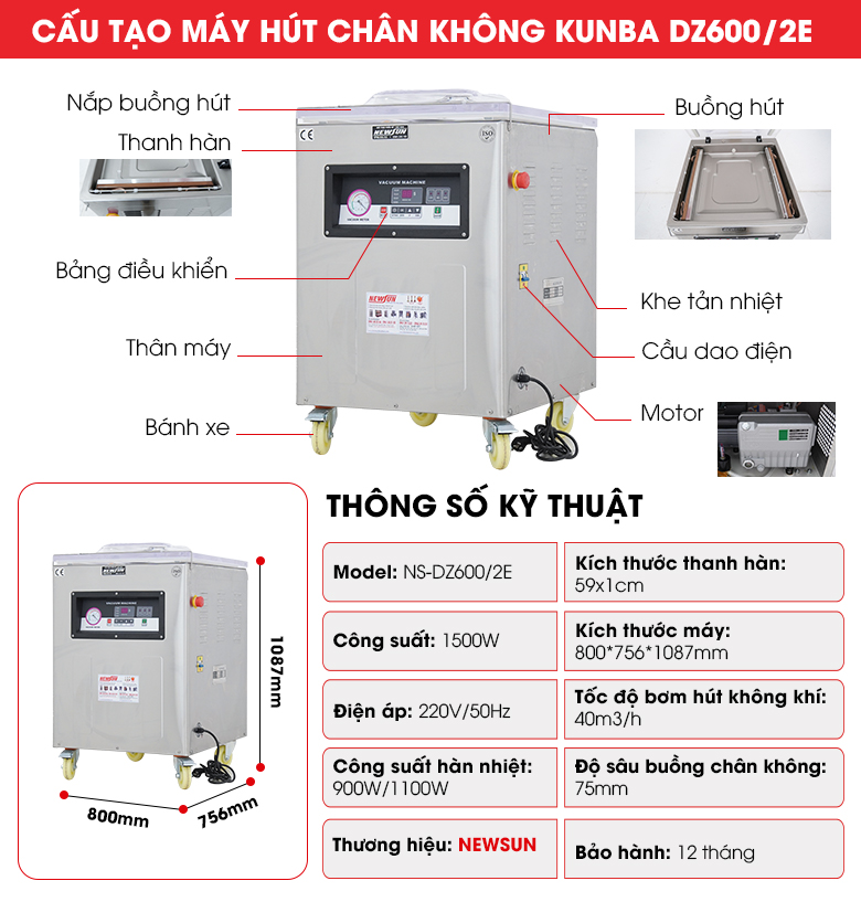 Máy hút chân không 1 buồng Kunba DZ600/2E 8 Cấu tạo Máy hút chân không 1 buồng Kunba DZ600/2SE