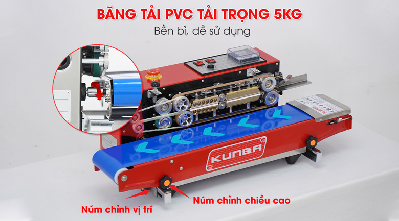 Máy hàn miệng túi Kunba SF-150 (vỏ sơn) 13 Băng tải PVC của máy ép miệng túi SF-150 bền bỉ, dễ sử dụng