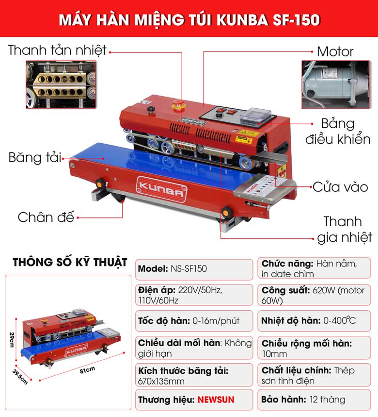 Máy hàn miệng túi Kunba SF-150 (vỏ sơn) 10 Cấu tạo chi tiết máy hàn miệng túi Kunba SF-150